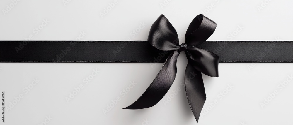 Poster close-up of a black ribbon with a large bow tied in the center. the ribbon is made of a shiny, satin