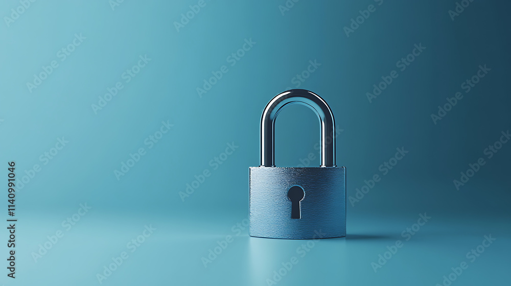 Poster shiny closed padlock standing on a light blue background representing the concept of security
