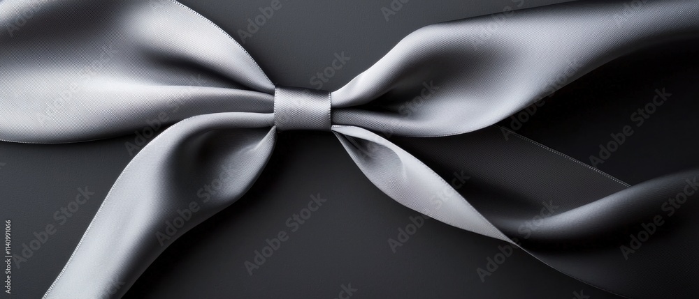 Poster close-up of a silver ribbon tied in a bow. the ribbon is made of a shiny, satin-like material and ha
