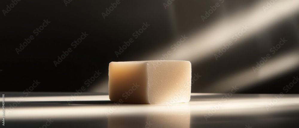 Poster Close-up of a single cube of soap on a reflective surface. the cube is light beige in color and appears to be made of a smooth, creamy material.