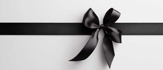 Close-up of a black ribbon with a large bow tied in the center. the ribbon is made of a shiny, satin-like material and has a smooth texture.