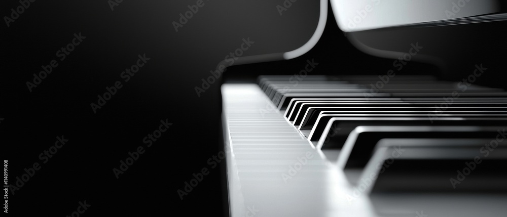 Poster close-up of a piano keyboard. the keys are black and white, and the background is also black. the fo