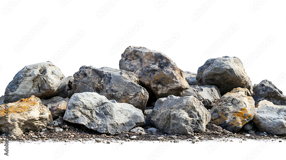 Poster side view on pile of rocks covered in dirt isolated on white background