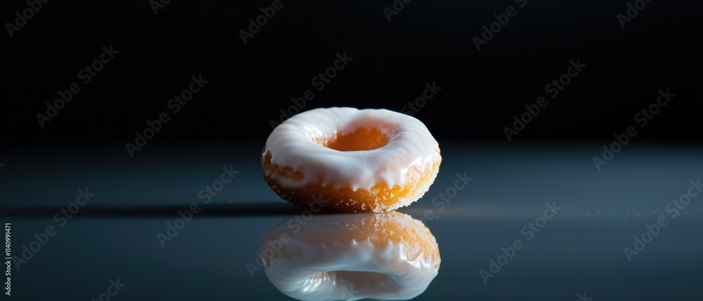 Poster close-up of a donut on a reflective surface. the donut is round and has a golden-brown color with a 