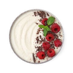 Tasty cooked semolina porridge with raspberries, chocolate and mint isolated on white, top view