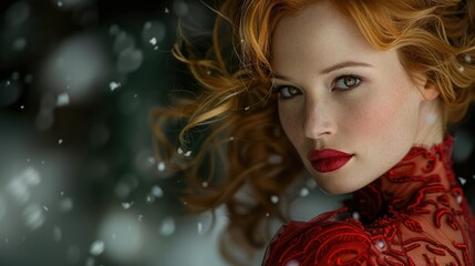 Fototapeta premium A portrait of a woman with red hair and lipstick, wearing a detailed red dress in a snowy setting.