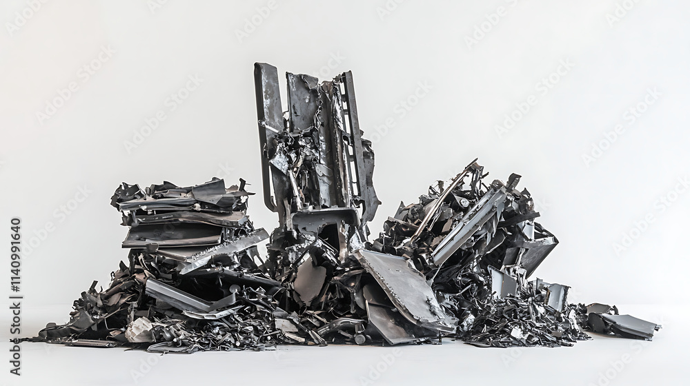Poster side view on set of piles of scrap metal on white background