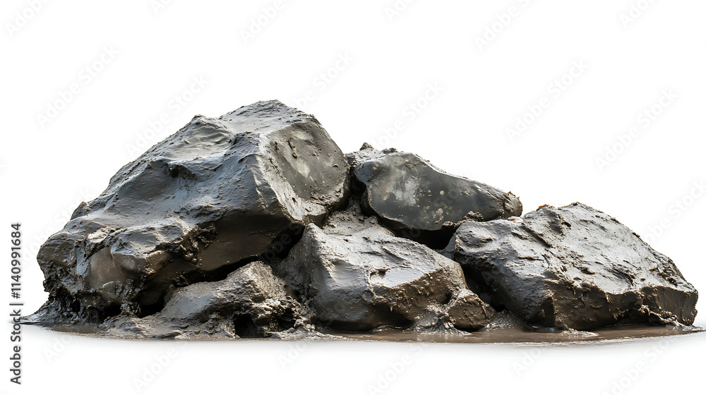Poster Side view on set of rocks covered in mud in isolated on white background