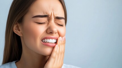Young woman with painful expression touching her jaw due to dental or toothache discomfort in soft lighting