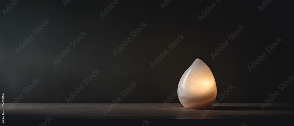 Poster photograph of a white vase on a wooden surface. the vase is in the shape of a teardrop and is lit fr