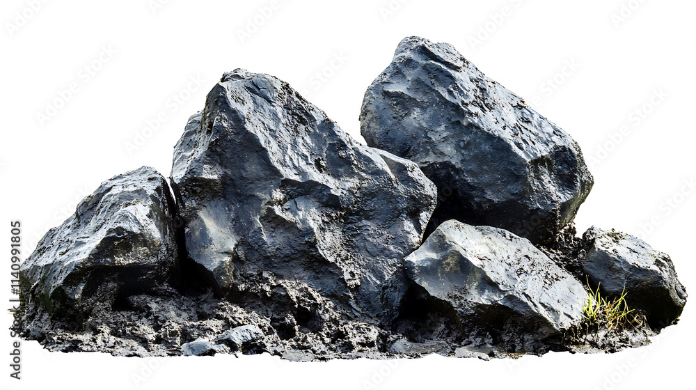 Poster Side view on set of rocks covered in mud in isolated on white background