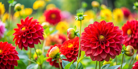 Bright red and yellow dahlias blooming in a garden, creating a vibrant and colorful floral display. A beautiful representation of summer and nature's beauty. © Liana