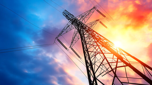 Silhouetted high-voltage power lines against a colorful sunset sky, symbolizing infrastructure vulnerability, the concept is power and energy challenges