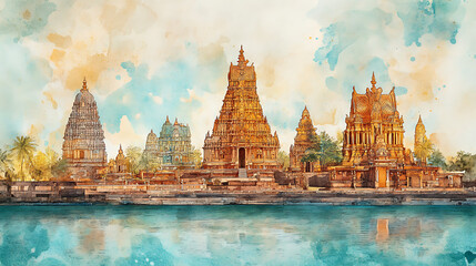 Watercolor panorama of iconic temples for tamil nadu day celebration