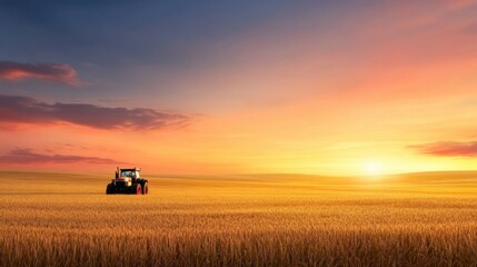 Fototapeta premium Vibrant Sunset Over Golden Wheat Field with Tractor in Distance, Agricultural Landscape at Dusk