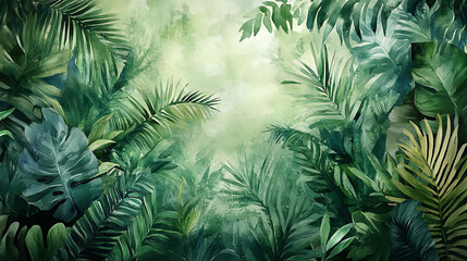 Watercolor pattern wallpaper, painting of a tropical green jungle and rainforest landscape
