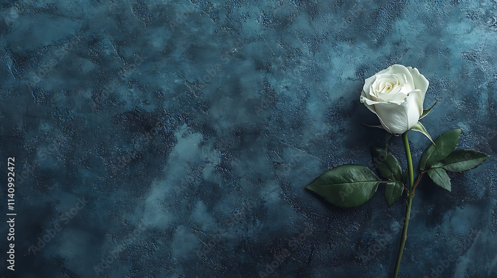 Aufkleber single white rose lays on a dark surface, symbolizing mourning and condolences in a minimalist funer