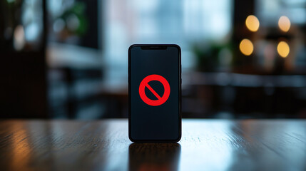 An isolated smartphone with a red forbidden symbol illustrates a stop ban, serving as a cautionary sign and icon for prohibited mobile phone use, emphasizing restriction and safety, no.