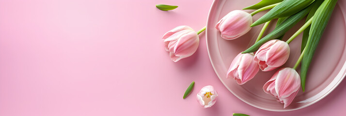 Tulips on a plate on a soft pink background. Concept for Women's Day, Valentine's Day and romantic anniversaries. Copy space. Banner.