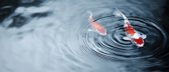 Close-up of two koi fish swimming in a pond. the fish are orange and white in color and are facing towards the right side of the image.