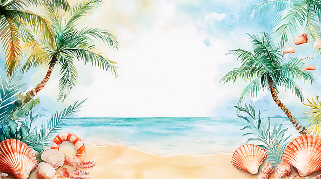 Watercolor summer frame or boder with palm trees and seashells, tropical paradise, summer vacation concept