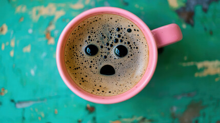 Surprised Face in a Cup of Coffee. Funny and Creative Concept.