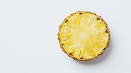 Isolated pineapple fruit slice, ripe and raw, cut piece of a fresh and juicy triangle ananas section on a white background, healthy and exotic snack or dessert.