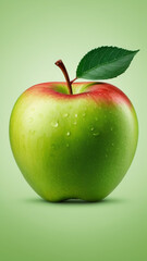 Green Apple with Water Drops. Close-up View of A Green and Red Apple With A Single Leaf on A Gradient Green Background