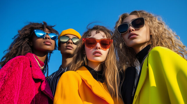 Four fashion models wearing colorful sunglasses and clothing pose together under a clear blue sky