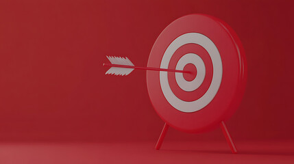 White arrow hits the bullseye on a red target, symbolizing precision and success in business and marketing, this 3d render inspires motivation and growth