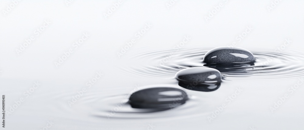 Poster three black stones floating on top of a body of water. the stones are arranged in a triangular forma