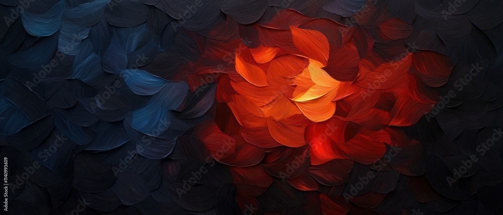 Poster abstract digital art piece that appears to be made up of different shades of blue and red. the backg