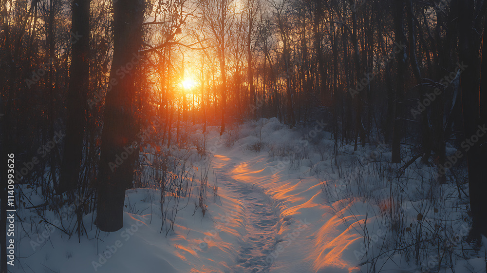 Poster snowy path is winding through a forest towards a beautiful sunset in winter