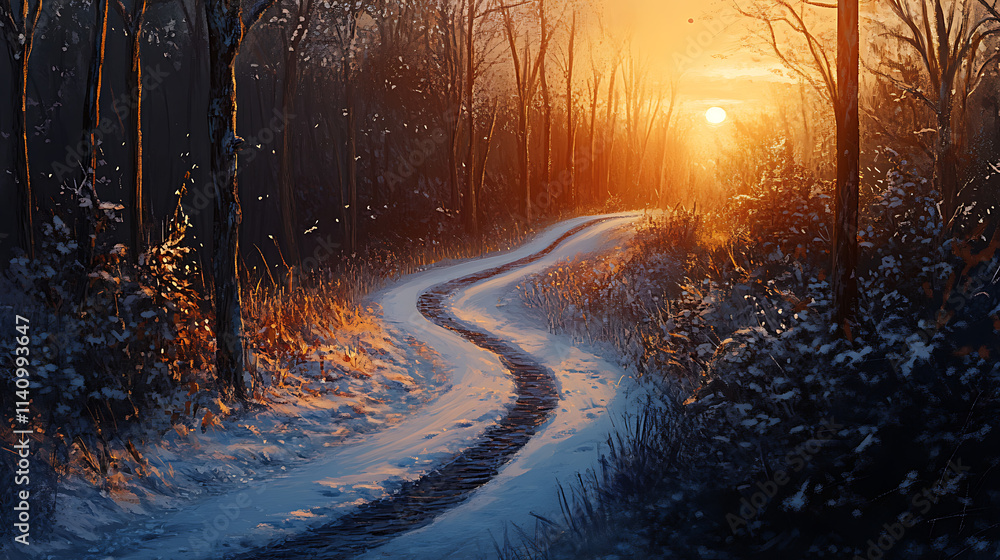 Poster snowy path is winding through a forest towards a beautiful sunset in winter