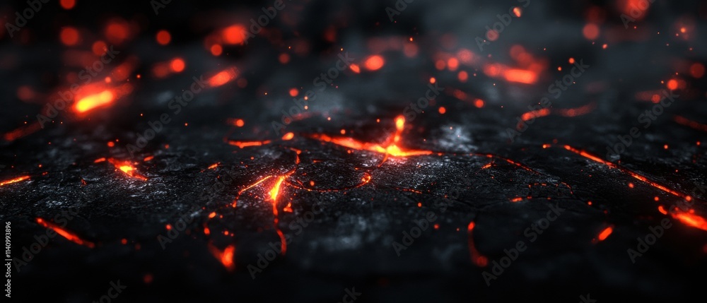 Poster close-up of a dark surface with a fiery orange glow. the surface appears to be made up of small, irr