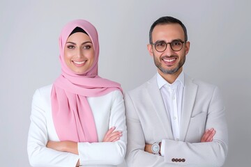 Fototapeta premium Smiling professional couple, man in a white suit and glasses, woman in a pink hijab and white blazer, gray background, confident and elegant portrait, modern business and cultural lifestyle concept