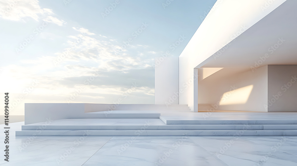 Poster White minimalist architecture with steps and open sky creating a serene and clean environment