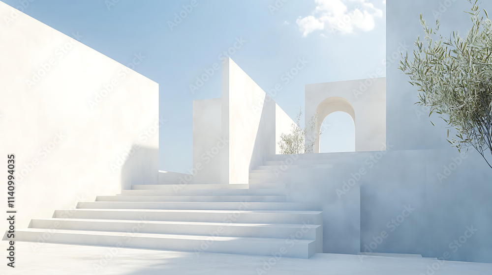 Leinwandbilder White minimalist architecture with steps and open sky creating a serene and clean environment