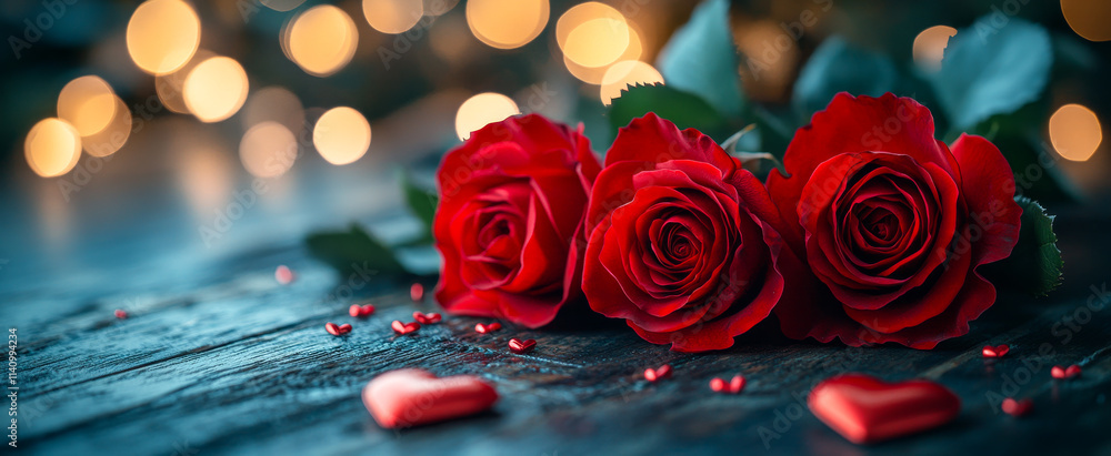 Poster three red roses are on a table with a heart and some red beads. the roses are arranged in a way that