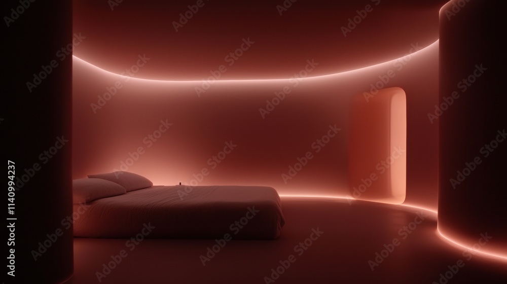 Poster modern and minimalist bedroom with a minimalist design. the room has a dark red color scheme with a 