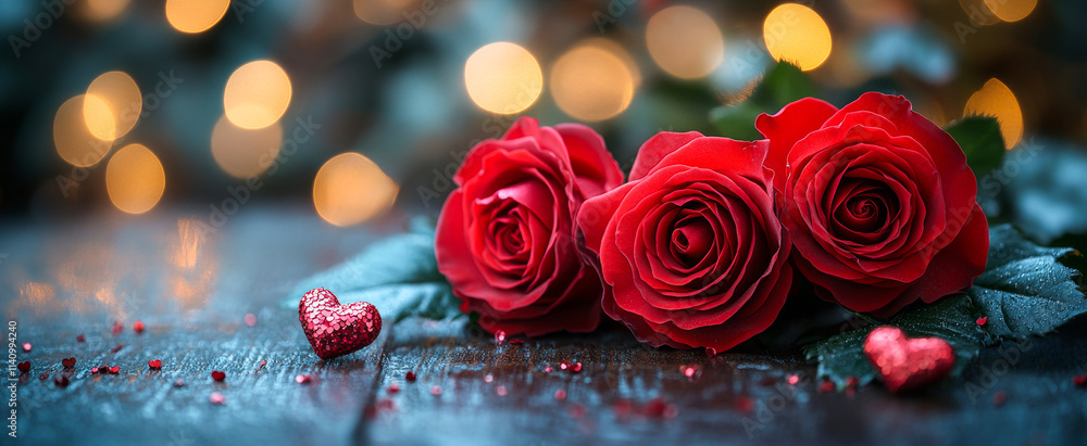 Poster three red roses are on a wooden table with a heart and some glitter. the roses are arranged in a way