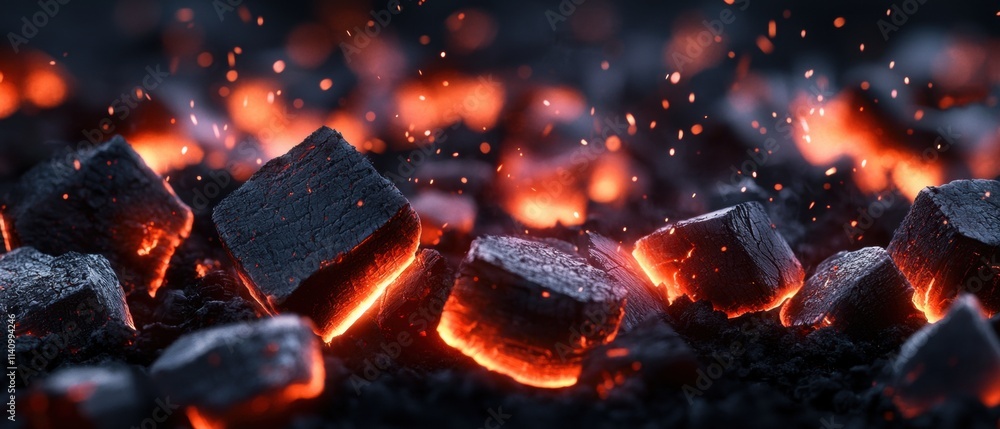 Poster close-up of a pile of charcoal briquettes burning in a fireplace. the charcoal is black and appears 