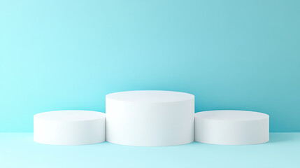 White podium on light blue background with subtle reflections, ideal for luxury or clean product displays