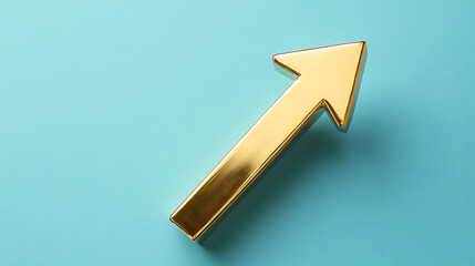 Solid gold upward arrow on a blue background symbolizing growth and success