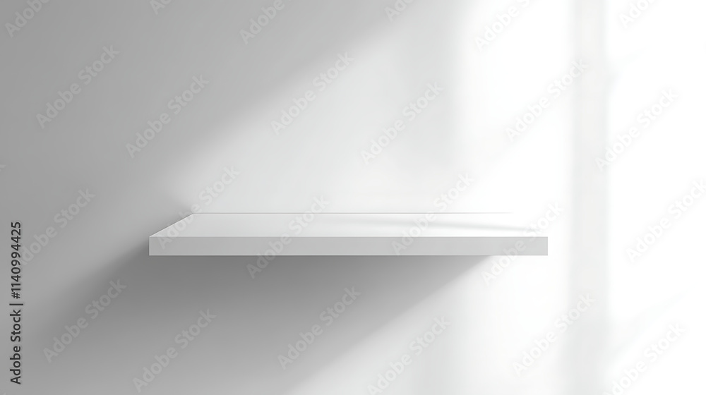 Poster white room interior mockup with a floating shelf and a blank frame, ideal for product presentations 