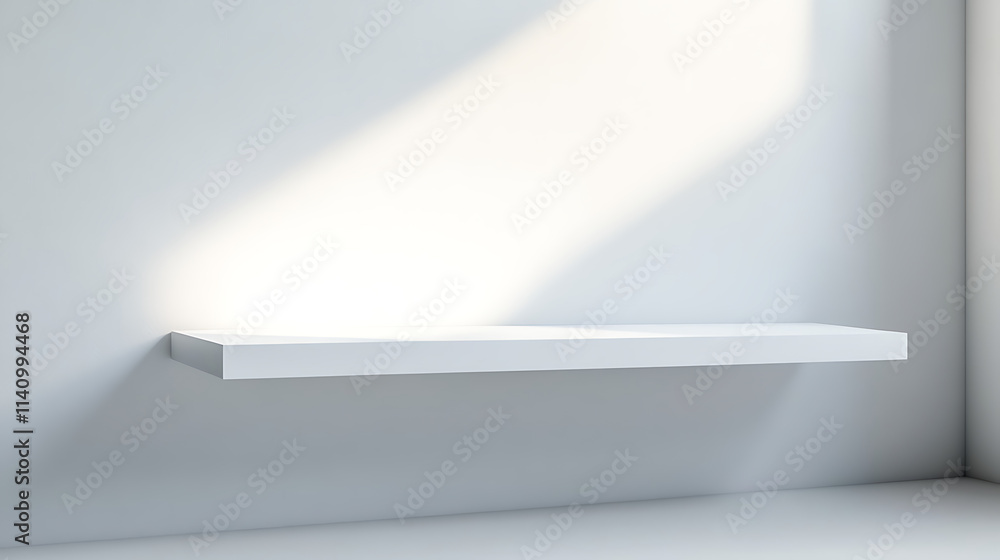 Poster white room interior mockup with a floating shelf and a blank frame, ideal for product presentations 