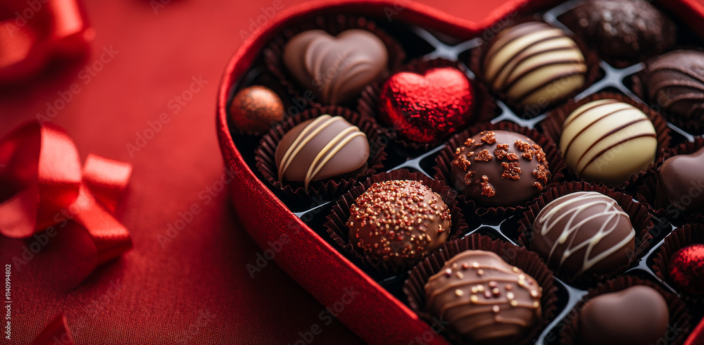 Poster a box of assorted chocolates is placed in a red box. the box is heart-shaped and has a red ribbon ar