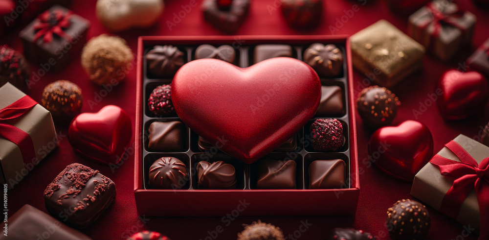 Poster a box of chocolates with a red heart in the middle. the box is surrounded by other boxes of chocolat