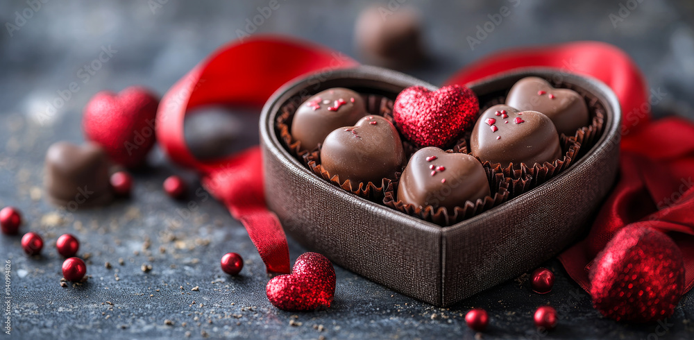 Aufkleber a box of chocolates with a heart shape and red ribbon. the chocolates are arranged in a heart shape 