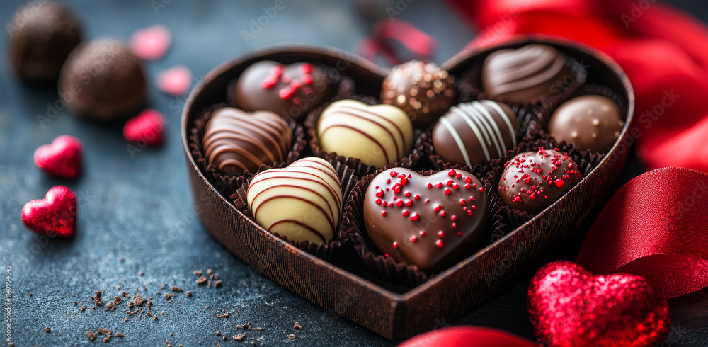 Poster a box of chocolates with hearts on them. the box is placed on a table with a red ribbon around it